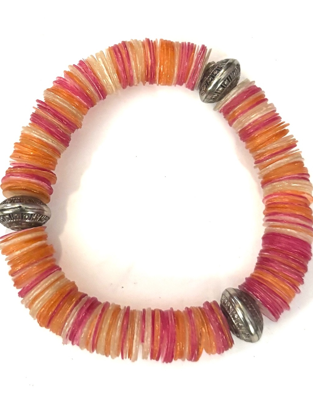 Pink & Orange Shell Disk Stretch Bracelet with Silver Beads